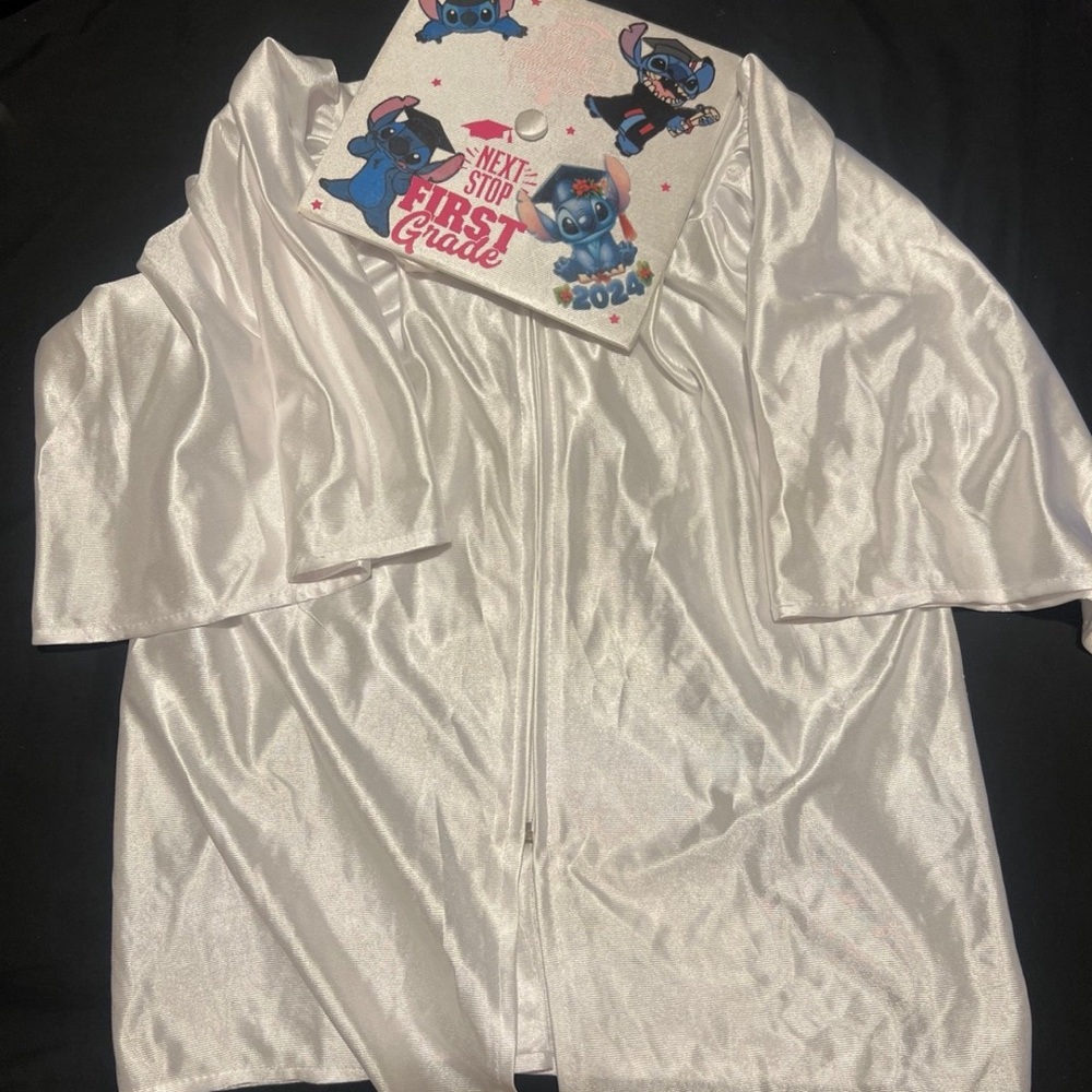 Kindergarten White Graduation Gown with stitch cap customized